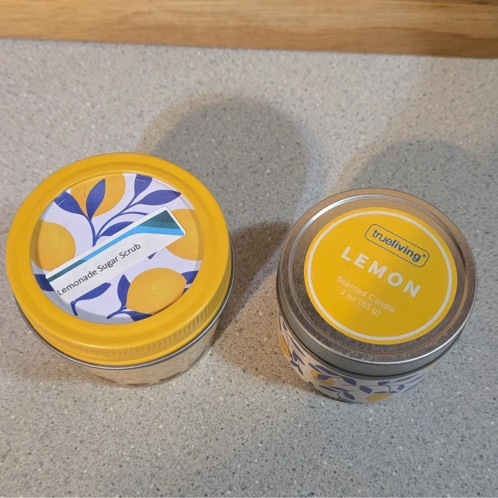 Lemon Theme Self Care Gift Basket w/ Candy, Candle, Scrub & Dish Towel